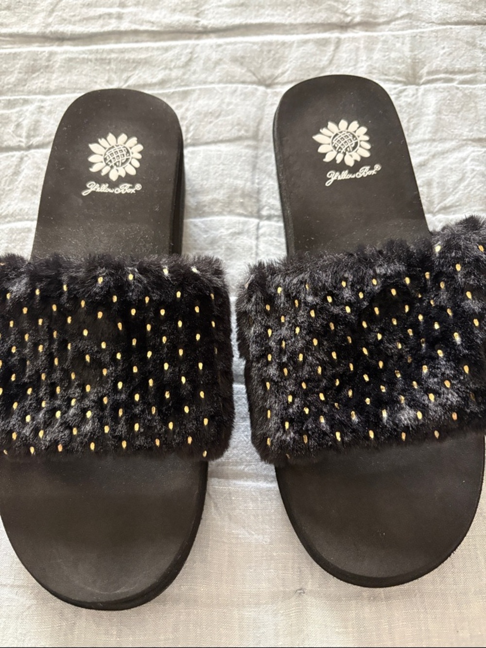 Yellow Box Black Faux Fur Slide Sandals with Gold Dot Accents
